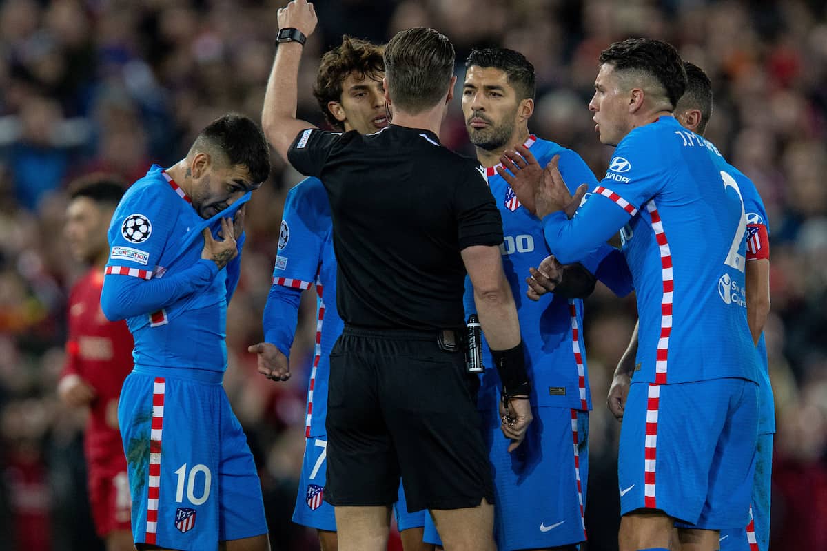 LIVERPOOL, ENGLAND - Wednesday, November 3, 2021: Club Atlético de Madrid's Luis Sua?rez and team-mates complain to the referee after a red card to Felipe Augusto de Almeida Monteiro during the UEFA Champions League Group B Matchday 4 game between Liverpool FC and Club Atlético de Madrid at Anfield. (Pic by David Rawcliffe/Propaganda)