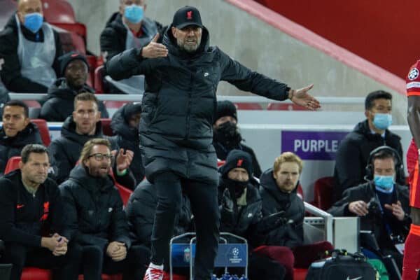 LIVERPOOL, ENGLAND - Wednesday, November 3, 2021: Liverpool's manager Jürgen Klopp reacts during the UEFA Champions League Group B Matchday 4 game between Liverpool FC and Club Atlético de Madrid at Anfield. (Pic by David Rawcliffe/Propaganda)