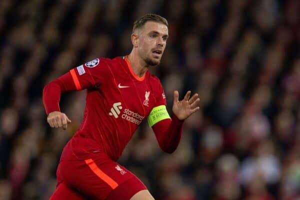 LIVERPOOL, ENGLAND - Wednesday, November 3, 2021: Liverpool's captain Jordan Henderson during the UEFA Champions League Group B Matchday 4 game between Liverpool FC and Club Atlético de Madrid at Anfield. (Pic by David Rawcliffe/Propaganda)