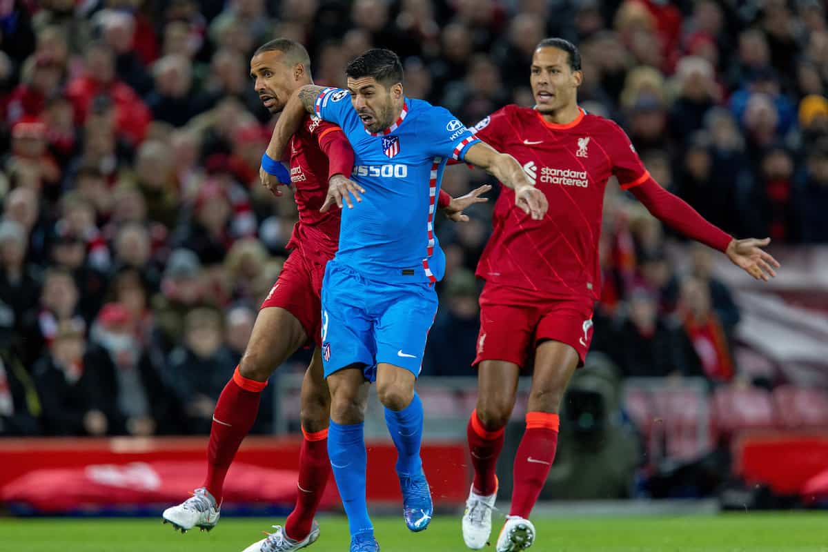 LIVERPOOL, ENGLAND - Wednesday, November 3, 2021: Liverpool's Joe Gomez (L) and Virgil van Dijk (R) challenge Club Atlético de Madrid's Luis Sua?rez (C) during the UEFA Champions League Group B Matchday 4 game between Liverpool FC and Club Atlético de Madrid at Anfield. (Pic by David Rawcliffe/Propaganda)