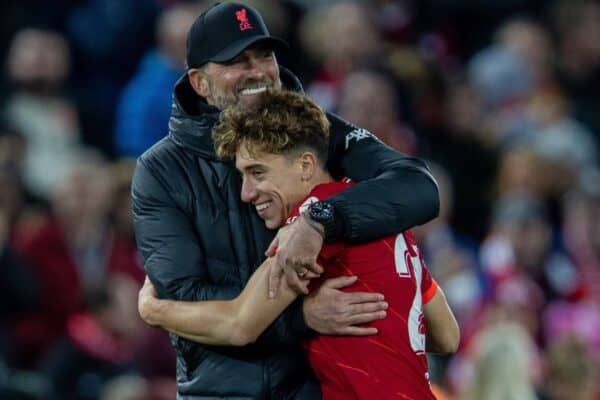 LIVERPOOL, ENGLAND - Wednesday, November 3, 2021: Liverpool's manager Jürgen Klopp (L) celebrates with Kostas Tsimikas after the UEFA Champions League Group B Matchday 4 game between Liverpool FC and Club Atlético de Madrid at Anfield. Liverpool won 2-0. (Pic by David Rawcliffe/Propaganda)