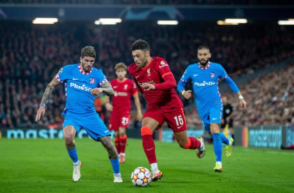 LIVERPOOL, ENGLAND - Wednesday, November 3, 2021: Liverpool's Alex Oxlade-Chamberlain during the UEFA Champions League Group B Matchday 4 game between Liverpool FC and Club Atlético de Madrid at Anfield. (Pic by David Rawcliffe/Propaganda)