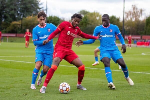 LIVERPOOL, ENGLAND - Wednesday, November 3, 2021: Liverpool's James Balagizi (C) during the UEFA Youth League Group B Matchday 4 game between Liverpool FC Under19's and Club Atlético de Madrid Under-19's at the Liverpool Academy. (Pic by David Rawcliffe/Propaganda)