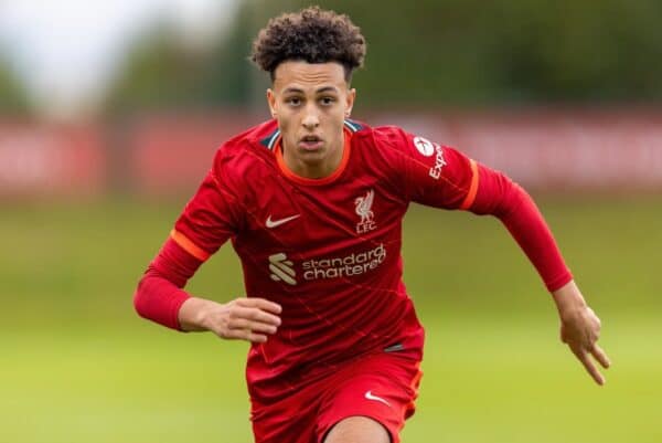 LIVERPOOL, ENGLAND - Wednesday, November 3, 2021: Liverpool's Kaide Gordon during the UEFA Youth League Group B Matchday 4 game between Liverpool FC Under19's and Club Atlético de Madrid Under-19's at the Liverpool Academy. (Pic by David Rawcliffe/Propaganda)