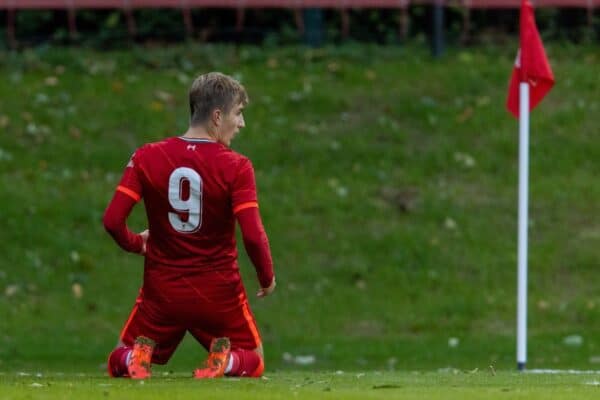 LIVERPOOL, ENGLAND - Wednesday, November 3, 2021: Liverpool's Max Woltman celebrates after scoring the first goal during the UEFA Youth League Group B Matchday 4 game between Liverpool FC Under19's and Club Atlético de Madrid Under-19's at the Liverpool Academy. (Pic by David Rawcliffe/Propaganda)