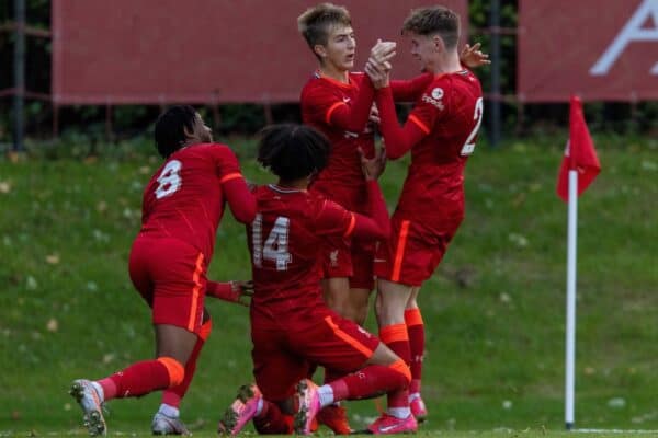 LIVERPOOL, ENGLAND - Wednesday, November 3, 2021: Liverpool's Max Woltman celebrates after scoring the first goal during the UEFA Youth League Group B Matchday 4 game between Liverpool FC Under19's and Club Atlético de Madrid Under-19's at the Liverpool Academy. (Pic by David Rawcliffe/Propaganda)