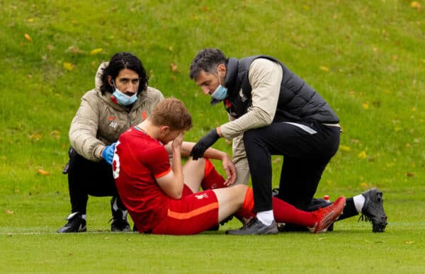 KIRKBY, ENGLAND - Saturday, November 6, 2021: Liverpool's captain Luka Stephenson goes down with a hamstring injury during the U18 Premier League match between Liverpool FC Under-18's and Middlesbrough FC Under-23's at the Liverpool Academy. (Pic by David Rawcliffe/Propaganda)