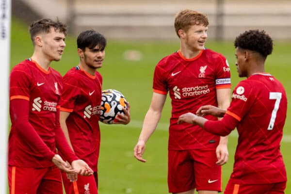 KIRKBY, ENGLAND - Saturday, November 6, 2021: Liverpool's Oakley Cannonier (2nd from L) celebrates after scoring the first goal during the U18 Premier League match between Liverpool FC Under-18's and Middlesbrough FC Under-23's at the Liverpool Academy. (Pic by David Rawcliffe/Propaganda)