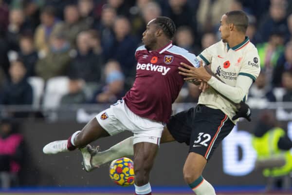 LONDON, ENGLAND - Sunday, November 7, 2021: West Ham United's Michail Antonio (L) and Liverpool's Joel Matip during the FA Premier League match between West Ham United FC and Liverpool FC at the London Stadium. (Pic by David Rawcliffe/Propaganda)