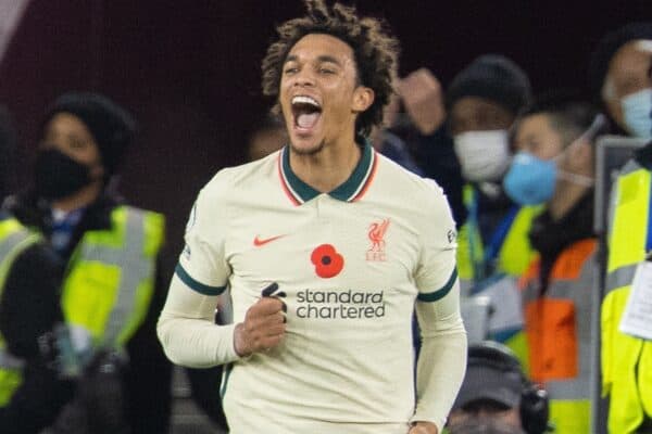 LONDON, ENGLAND - Sunday, November 7, 2021: Liverpool's Trent Alexander-Arnold celebrates after scoring his side's first goal during the FA Premier League match between West Ham United FC and Liverpool FC at the London Stadium. (Pic by David Rawcliffe/Propaganda)