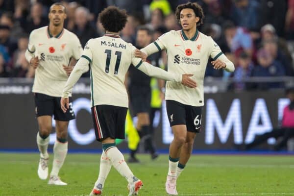 LONDON, ENGLAND - Sunday, November 7, 2021: Liverpool's Trent Alexander-Arnold (R) celebrates with team-mate Mohamed Salah after scoring his side's first goal during the FA Premier League match between West Ham United FC and Liverpool FC at the London Stadium. (Pic by David Rawcliffe/Propaganda)