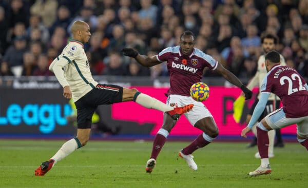 LONDON, ENGLAND - Sunday, November 7, 2021: Liverpool's Fabio Henrique Tavares 'Fabinho' (L) and West Ham United's Michail Antonio during the FA Premier League match between West Ham United FC and Liverpool FC at the London Stadium. (Pic by David Rawcliffe/Propaganda)