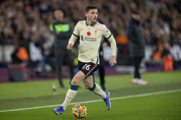 LONDON, ENGLAND - Sunday, November 7, 2021: Liverpool's Andy Robertson during the FA Premier League match between West Ham United FC and Liverpool FC at the London Stadium. (Pic by David Rawcliffe/Propaganda)