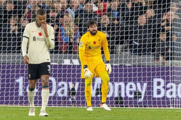 LONDON, ENGLAND - Sunday, November 7, 2021: Liverpool's goalkeeper Alisson Becker looks dejected as West Ham United score the third goal during the FA Premier League match between West Ham United FC and Liverpool FC at the London Stadium. (Pic by David Rawcliffe/Propaganda)