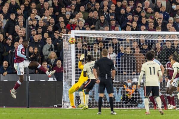 LONDON, ENGLAND - Sunday, November 7, 2021: West Ham United's Kurt Zouma scores the third goal during the FA Premier League match between West Ham United FC and Liverpool FC at the London Stadium. (Pic by David Rawcliffe/Propaganda)