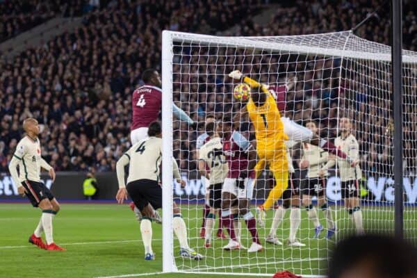 LONDON, ENGLAND - Sunday, November 7, 2021: Liverpool's goalkeeper Alisson Becker is fouled before West Ham United's opening goal, but it ws allowed to stand, during the FA Premier League match between West Ham United FC and Liverpool FC at the London Stadium. (Pic by David Rawcliffe/Propaganda)