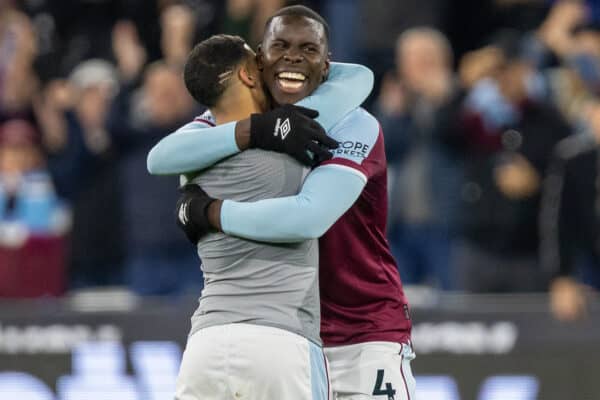 LONDON, ENGLAND - Sunday, November 7, 2021: West Ham United's match-winning goal-scorer Kurt Zouma celebrates after during the FA Premier League match between West Ham United FC and Liverpool FC at the London Stadium. (Pic by David Rawcliffe/Propaganda)