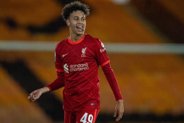 STOKE-ON-TRENT, ENGLAND - Tuesday, November 9, 2021: Liverpool's Kaide Gordon looks dejected after missing a chance during the English Football League Trophy match between Port Vale FC and Liverpool FC Under-21's at Vale Park. (Pic by David Rawcliffe/Propaganda)