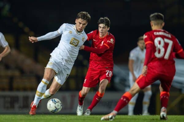 STOKE-ON-TRENT, ENGLAND - Tuesday, November 9, 2021: Port Vale's Jake Taylor (L) and Liverpool's Dominic Corness (R) during the English Football League Trophy match between Port Vale FC and Liverpool FC Under-21's at Vale Park. (Pic by David Rawcliffe/Propaganda)