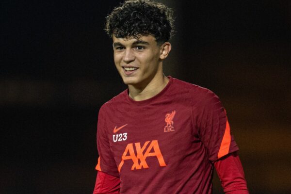 STOKE-ON-TRENT, ENGLAND - Tuesday, November 9, 2021: Liverpool's Stefan Bajcetic during the pre-match warm-up before the English Football League Trophy match between Port Vale FC and Liverpool FC Under-21's at Vale Park. (Pic by David Rawcliffe/Propaganda)