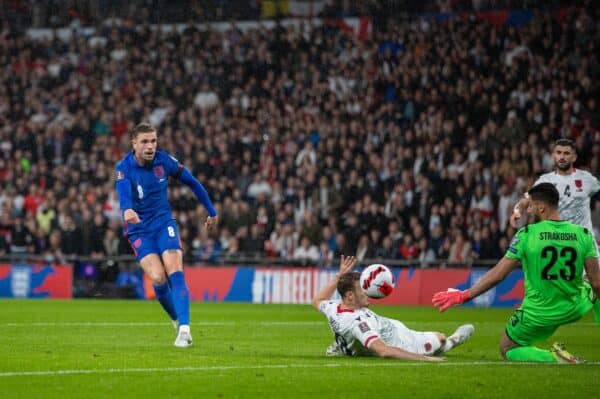 LONDON, ENGLAND - Friday, November 12, 2021: England';s Jordan Henderson scores the third goal during the FIFA World Cup Qatar 2022 Qualifying Group I match between England and Albania at Wembley Stadium. (Pic by David Rawcliffe/Propaganda)