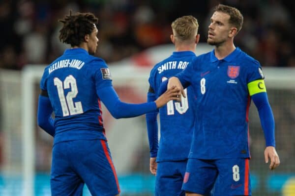 LONDON, ENGLAND - Friday, November 12, 2021: England's captain Jordan Henderson (R) and Liverpool team-mate Trent Alexander-­Arnold after the FIFA World Cup Qatar 2022 Qualifying Group I match between England and Albania at Wembley Stadium. (Pic by David Rawcliffe/Propaganda)