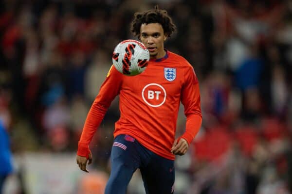 LONDON, ENGLAND - Friday, November 12, 2021: England's substitute Trent Alexander­Arnold during the pre-match warm-up before the FIFA World Cup Qatar 2022 Qualifying Group I match between England and Albania at Wembley Stadium. (Pic by David Rawcliffe/Propaganda)