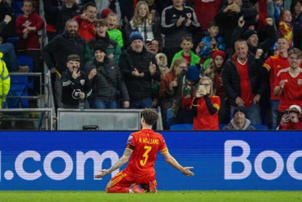 CARDIFF, WALES - Saturday, November 13, 2021: Wales' Neco Williams celebrates after scoring the second goal during the FIFA World Cup Qatar 2022 Qualifying Group E match between Wales and Belarus at the Cardiff City Stadium. (Pic by David Rawcliffe/Propaganda)