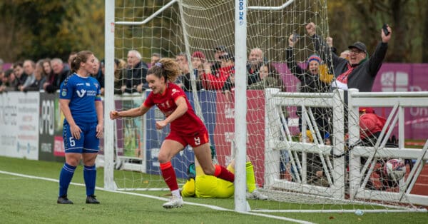 DURHAM, ENGLAND - Sunday, November 14, 2021: Liverpool's Leanne Kiernan celebrates after scoring the first goal during the FA Women’s Championship Round 9 match between Durham Women FC and Liverpool FC Women at Maiden Castle Sports Park. (Pic by David Rawcliffe/Propaganda)