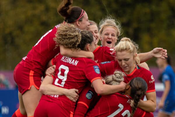 DURHAM, ENGLAND - Sunday, November 14, 2021: Liverpool's Leanne Kiernan (#9) celebrates with team-mates after scoring the first goal during the FA Women’s Championship Round 9 match between Durham Women FC and Liverpool FC Women at Maiden Castle Sports Park. (Pic by David Rawcliffe/Propaganda)