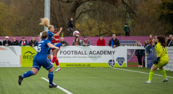 DURHAM, ENGLAND - Sunday, November 14, 2021: Liverpool's Taylor Hinds scores the second goal during the FA Women’s Championship Round 9 match between Durham Women FC and Liverpool FC Women at Maiden Castle Sports Park. (Pic by David Rawcliffe/Propaganda)