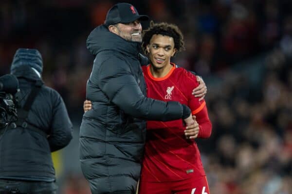 LIVERPOOL, ENGLAND - Saturday, November 20, 2021: Liverpool's manager Jürgen Klopp (L) celebrates with Trent Alexander-Arnold after the FA Premier League match between Liverpool FC and Arsenal FC at Anfield. Liverpool won 4-0. (Pic by David Rawcliffe/Propaganda)