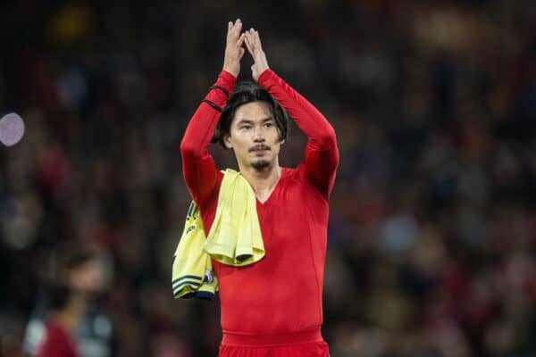 LIVERPOOL, ENGLAND - Saturday, November 20, 2021: Liverpool's Takumi Minamino celebrates after the FA Premier League match between Liverpool FC and Arsenal FC at Anfield. Liverpool won 4-0. (Pic by David Rawcliffe/Propaganda)