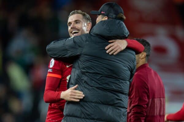 LIVERPOOL, ENGLAND - Saturday, November 20, 2021: Liverpool's manager Jürgen Klopp celebrates with captain Jordan Henderson (L) after the FA Premier League match between Liverpool FC and Arsenal FC at Anfield. Liverpool won 4-0. (Pic by David Rawcliffe/Propaganda)