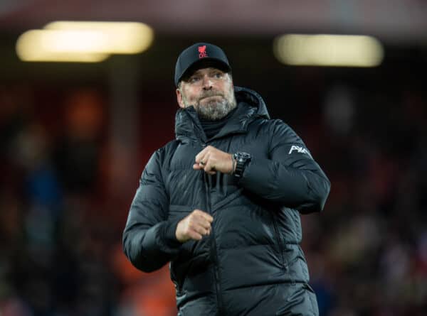 LIVERPOOL, ENGLAND - Saturday, November 20, 2021: Liverpool's manager Jürgen Klopp celebrates after the FA Premier League match between Liverpool FC and Arsenal FC at Anfield. Liverpool won 4-0. (Pic by David Rawcliffe/Propaganda)