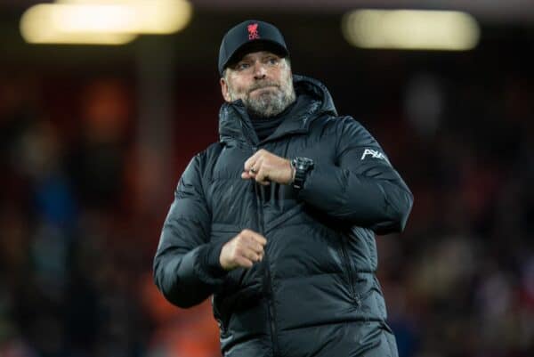 LIVERPOOL, ENGLAND - Saturday, November 20, 2021: Liverpool's manager Jürgen Klopp celebrates after the FA Premier League match between Liverpool FC and Arsenal FC at Anfield. Liverpool won 4-0. (Pic by David Rawcliffe/Propaganda)