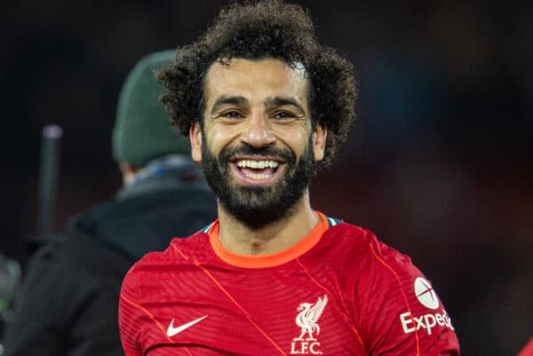 LIVERPOOL, ENGLAND - Saturday, November 20, 2021: Liverpool's Mohamed Salah celebrates after the FA Premier League match between Liverpool FC and Arsenal FC at Anfield. Liverpool won 4-0. (Pic by David Rawcliffe/Propaganda)