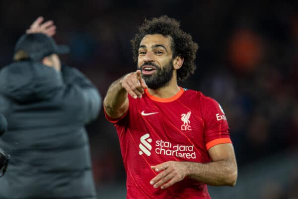 LIVERPOOL, ENGLAND - Saturday, November 20, 2021: Liverpool's Mohamed Salah celebrates after the FA Premier League match between Liverpool FC and Arsenal FC at Anfield. Liverpool won 4-0. (Pic by David Rawcliffe/Propaganda)