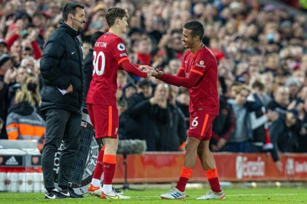 LIVERPOOL, ENGLAND - Saturday, November 20, 2021: Liverpool's substitute Tyler Morton (L) makes his League debut replacing Thiago Alcantara during the FA Premier League match between Liverpool FC and Arsenal FC at Anfield. (Pic by David Rawcliffe/Propaganda)