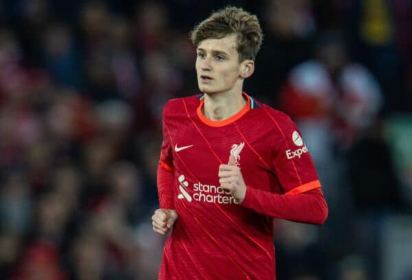 LIVERPOOL, ENGLAND - Saturday, November 20, 2021: Liverpool's substitute Tyler Morton makes his League debut during the FA Premier League match between Liverpool FC and Arsenal FC at Anfield. (Pic by David Rawcliffe/Propaganda)