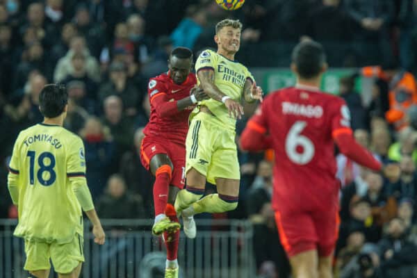 LIVERPOOL, ENGLAND - Saturday, November 20, 2021: Liverpool's Said Mané (L) challenges for a header with Arsenal's Ben White during the FA Premier League match between Liverpool FC and Arsenal FC at Anfield. (Pic by David Rawcliffe/Propaganda)