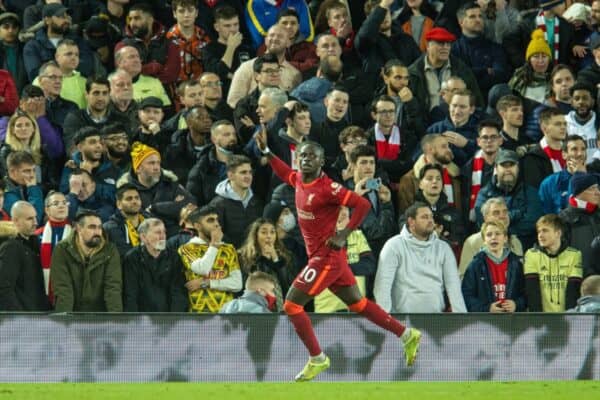 LIVERPOOL, ENGLAND - Saturday, November 20, 2021: Liverpool's Sadio Mané celebrates after scoring the first goal during the FA Premier League match between Liverpool FC and Arsenal FC at Anfield. (Pic by David Rawcliffe/Propaganda)