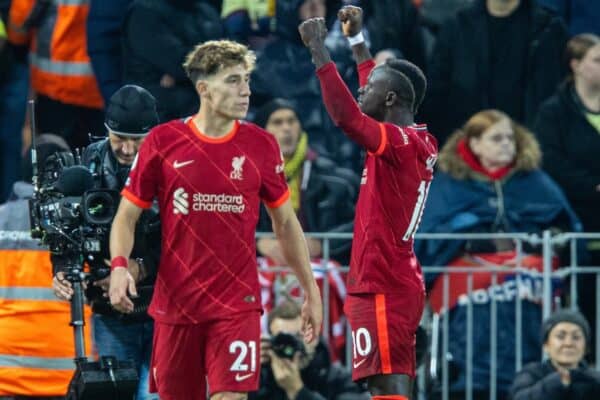 LIVERPOOL, ENGLAND - Saturday, November 20, 2021: Liverpool's Said Mané celebrates after scoring the first goal during the FA Premier League match between Liverpool FC and Arsenal FC at Anfield. (Pic by David Rawcliffe/Propaganda)