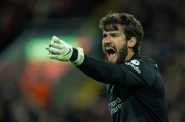 LIVERPOOL, ENGLAND - Saturday, November 20, 2021: Liverpool's goalkeeper Alisson Becker during the FA Premier League match between Liverpool FC and Arsenal FC at Anfield. (Pic by David Rawcliffe/Propaganda)