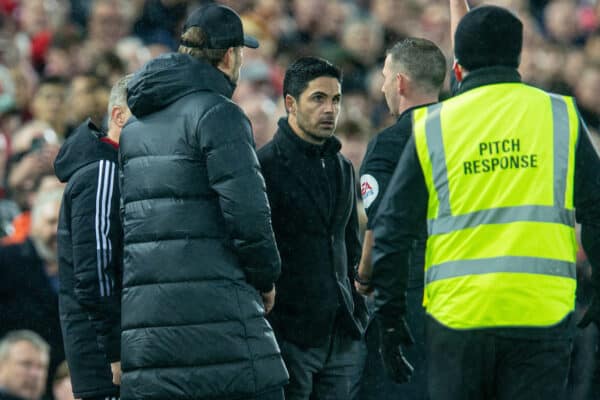 LIVERPOOL, ENGLAND - Saturday, November 20, 2021: Arsenal's manager Mikel Arteta is shown a yellow card during the FA Premier League match between Liverpool FC and Arsenal FC at Anfield. (Pic by David Rawcliffe/Propaganda)