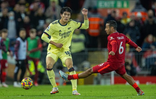 LIVERPOOL, ENGLAND - Saturday, November 20, 2021: Arsenal's Takehiro Tomiyasu (L) and Liverpool's Thiago Alcantara during the FA Premier League match between Liverpool FC and Arsenal FC at Anfield. (Pic by David Rawcliffe/Propaganda)