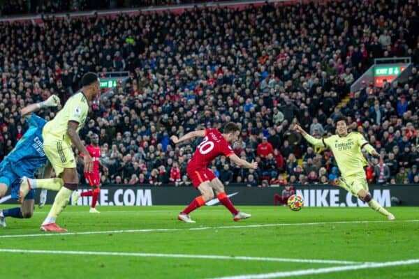 LIVERPOOL, ENGLAND - Saturday, November 20, 2021: Liverpool's Diogo Jota scores the second goal during the FA Premier League match between Liverpool FC and Arsenal FC at Anfield. (Pic by David Rawcliffe/Propaganda)