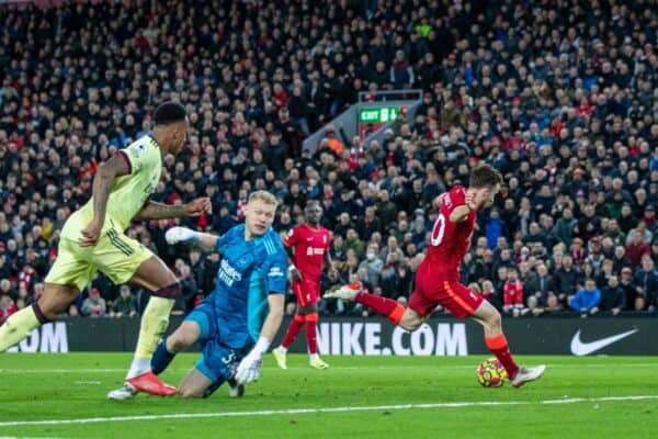 LIVERPOOL, ENGLAND - Saturday, November 20, 2021: Liverpool's Diogo Jota goes around Arsenal's goalkeeper Aaron Ramsdale to score the second goal during the FA Premier League match between Liverpool FC and Arsenal FC at Anfield. (Pic by David Rawcliffe/Propaganda)