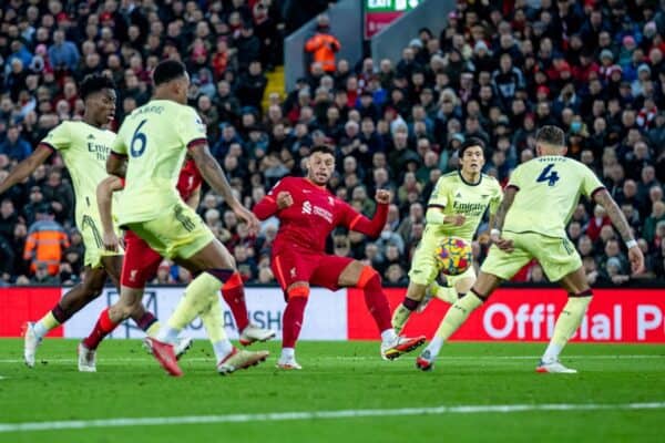 LIVERPOOL, ENGLAND - Saturday, November 20, 2021: Liverpool's Alex Oxlade-Chamberlain shoots during the FA Premier League match between Liverpool FC and Arsenal FC at Anfield. (Pic by David Rawcliffe/Propaganda)