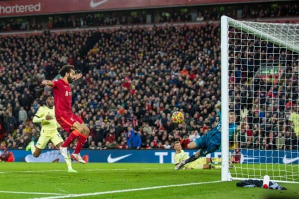 LIVERPOOL, ENGLAND - Saturday, November 20, 2021: Liverpool's Mohamed Salah scores the third goal during the FA Premier League match between Liverpool FC and Arsenal FC at Anfield. (Pic by David Rawcliffe/Propaganda)